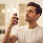 Man applying Real Time Wild Action Elixir EDT spray to neck, navy-black fragrance bottle visible, warm bokeh lifestyle photography