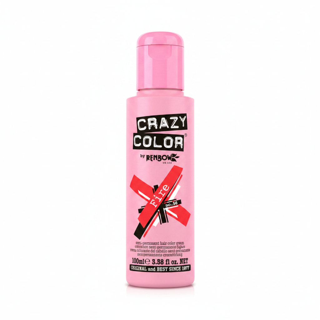 Crazy Color Fire Red No.56 Semi-Permanent Hair Dye 100ml on a pure white studio background, candy pink bottle with vivid fire red cross label graphic
