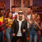 Man wearing Mens 90s Blonde Rocker Wig as centre of attention at 90s fancy dress party with friends laughing around him