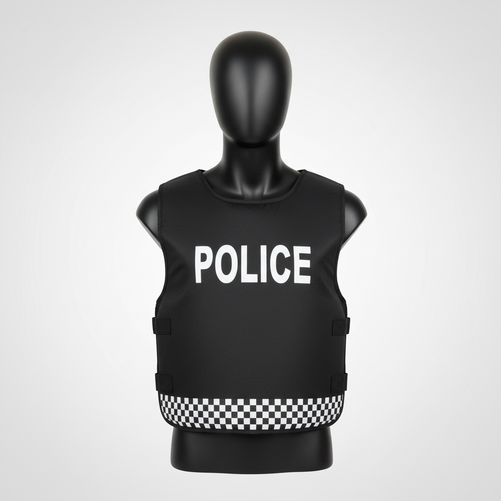 Black and white police vest costume accessory with checkered pattern and POLICE text - professional product shot