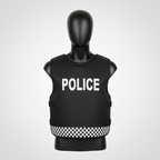 Black and white police vest costume accessory with checkered pattern and POLICE text - professional product shot