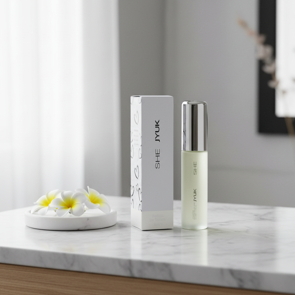Milton Lloyd She JYUK perfume bottle and box on marble vanity with white flowers, natural window light