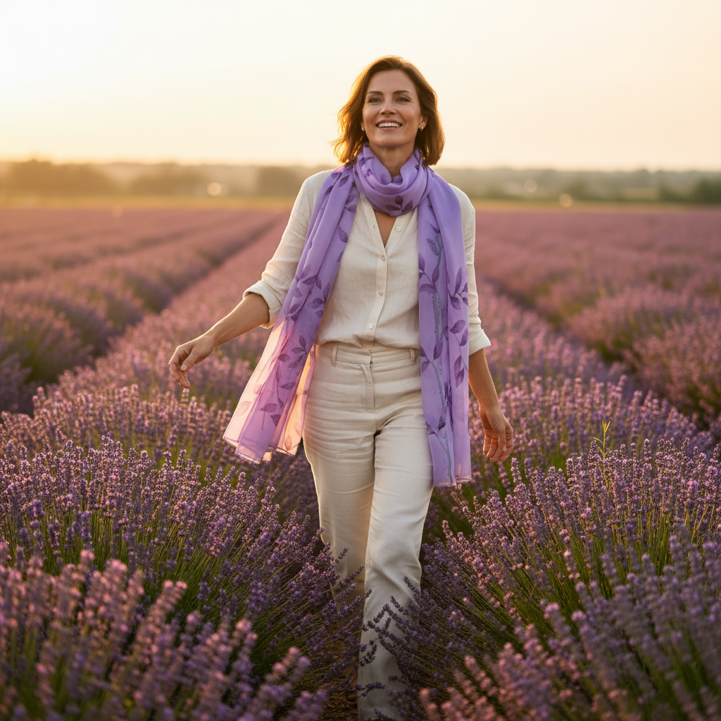 Woman wearing purple chiffon leaf print scarf walking through lavender field at golden hour - lifestyle fashion photo