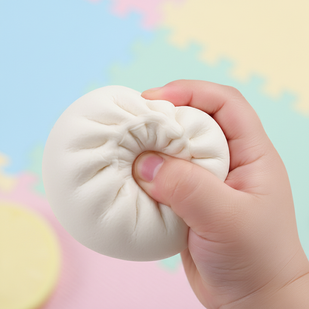 Close up of child's hand squeezing Squishy Dumpling Toy 8.5cm showing soft texture
