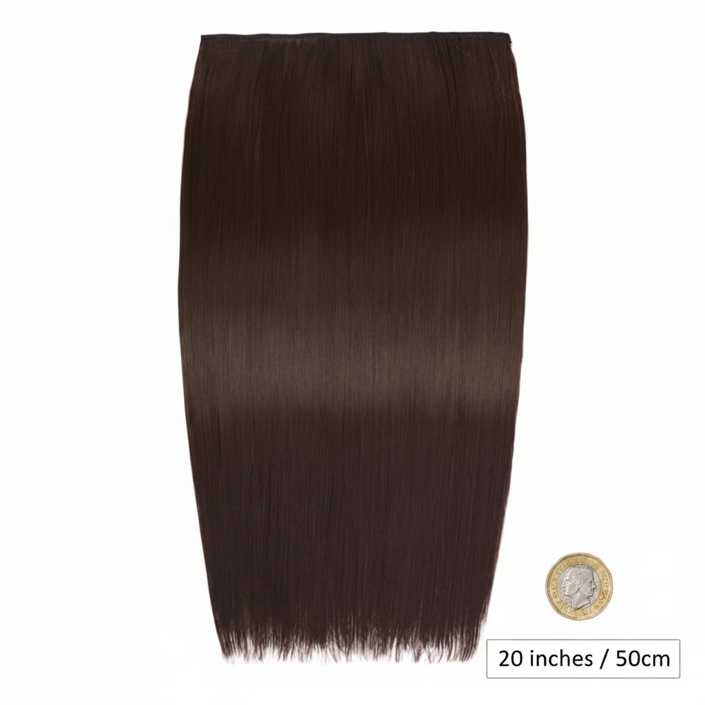 20 inch Chocolate Dahlia clip-in hair extension flat lay beside a £1 coin showing scale on white background
