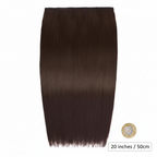20 inch Chocolate Dahlia clip-in hair extension flat lay beside a £1 coin showing scale on white background