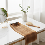 Honey Blush clip-in hair extension draped over a vanity table with brush and mirror in soft natural window light