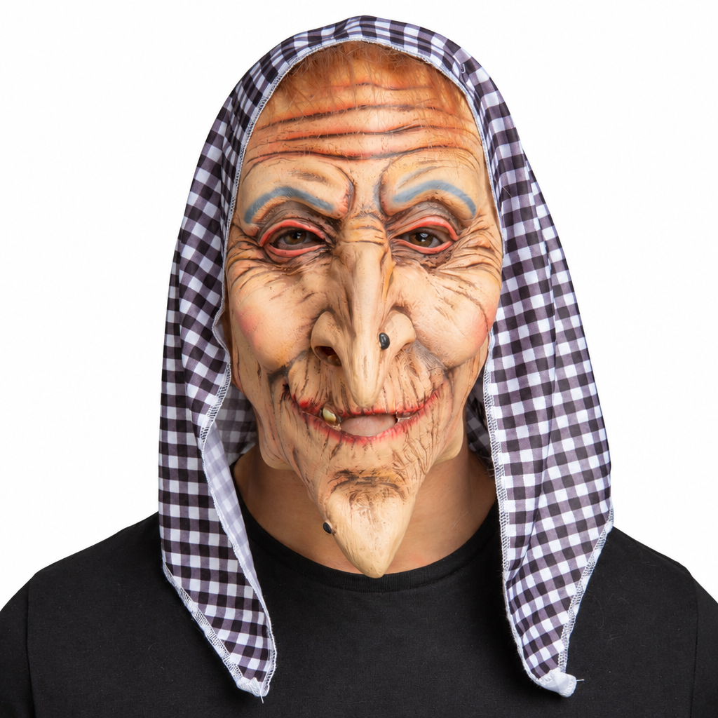 Adult wearing a wrinkled old hag mask with a hooked nose and checked hood on white