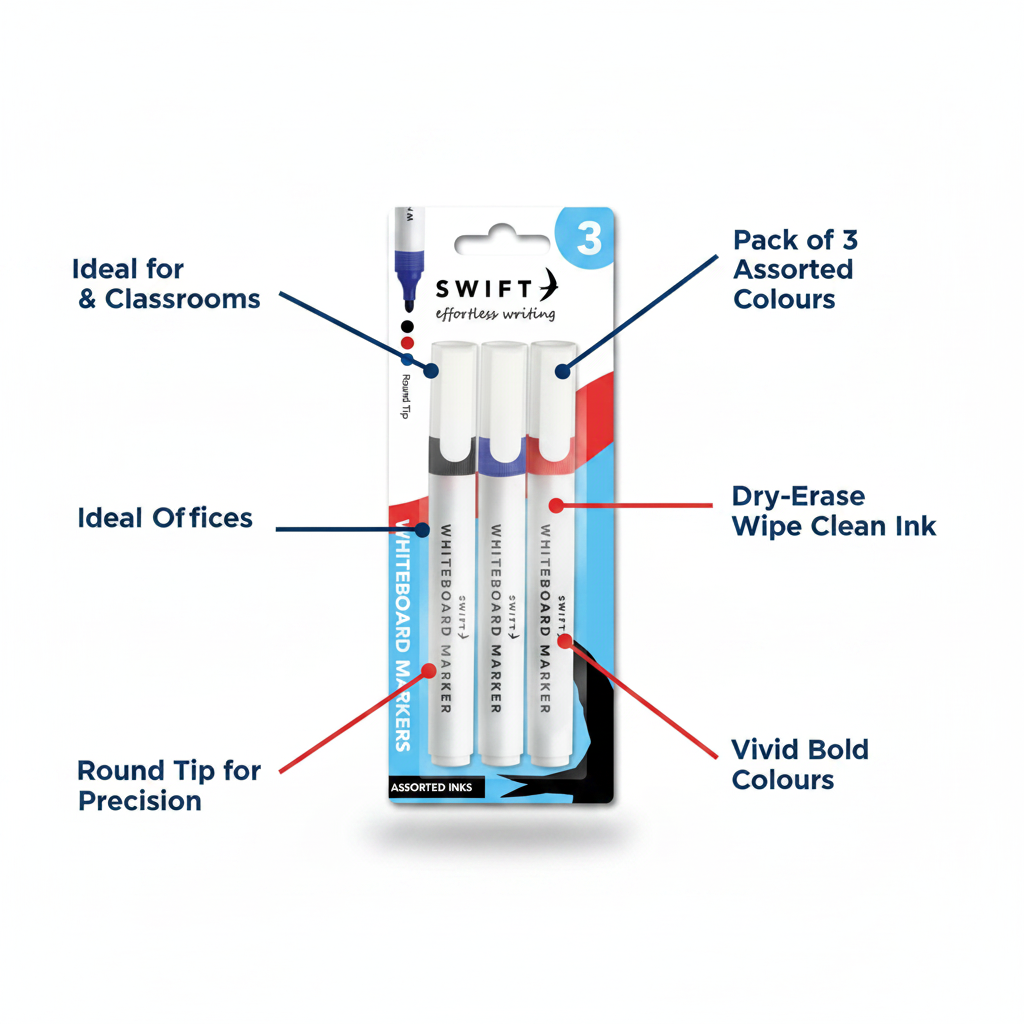 Swift Assorted Colour Whiteboard Markers 3 Pack feature infographic highlighting pack of 3 colours, dry-erase ink, round tip, vivid colours and versatile use