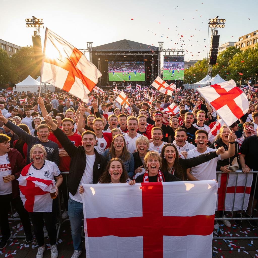 England football fans waving St George Cross flags at an outdoor watch party, joyful crowd, golden light