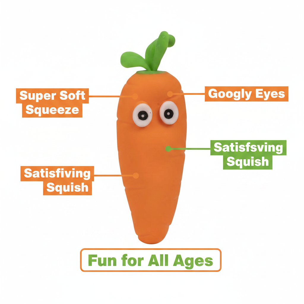 Crazy Squeezy Carrot squishy toy infographic showing key features including soft squeeze body and googly eyes