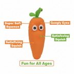 Crazy Squeezy Carrot squishy toy infographic showing key features including soft squeeze body and googly eyes