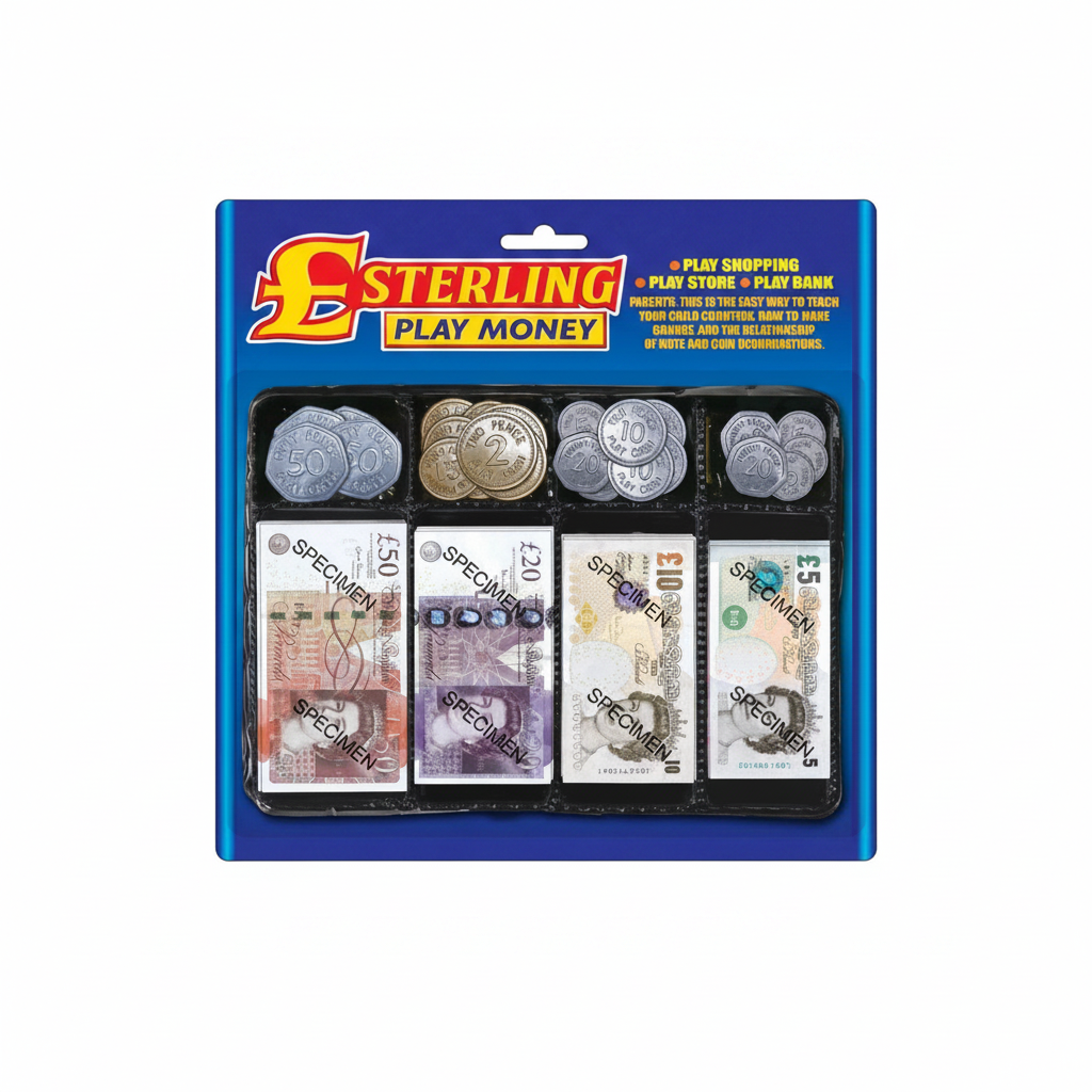 Sterling Play Money toy set in royal blue blister packaging with realistic UK banknotes and silver coins on white background
