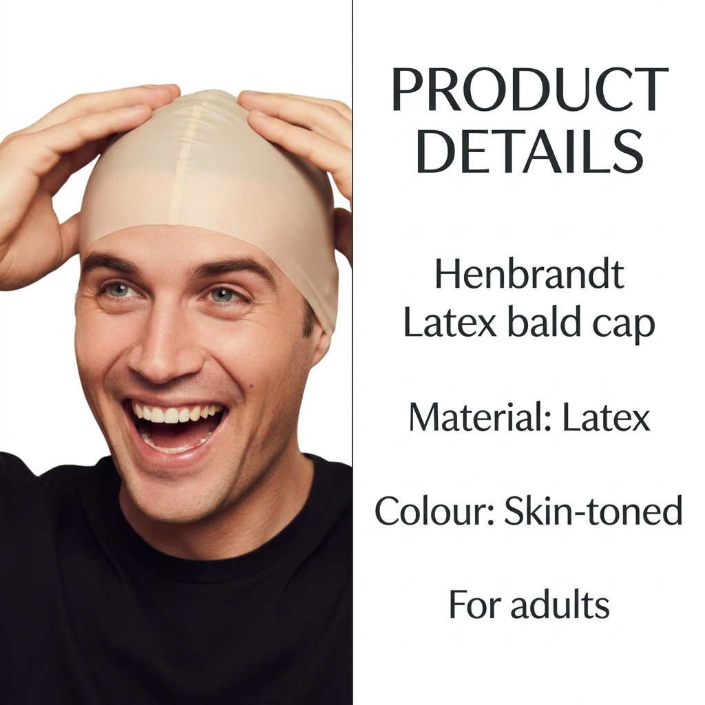 Henbrandt adult bald cap product information showing latex material and skin-toned colour