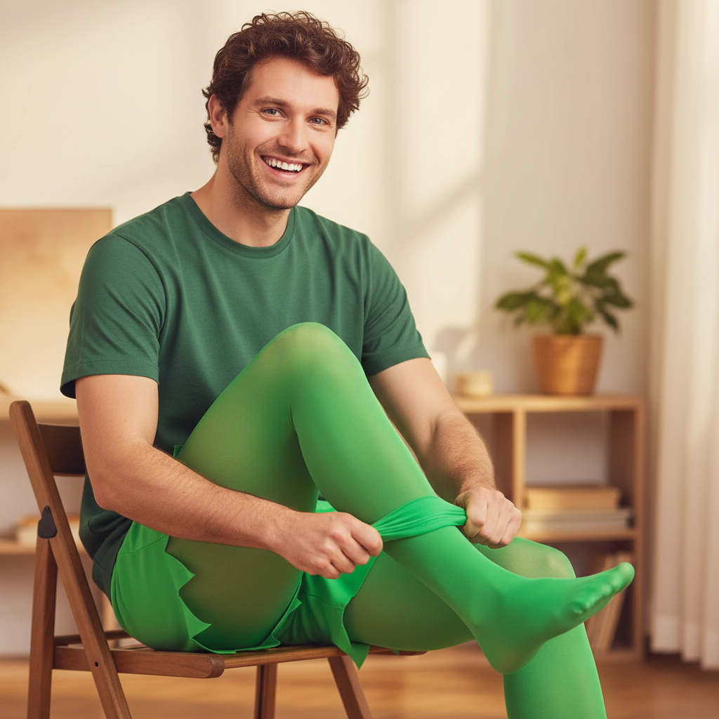 Man candidly pulling on bright green elf tights grinning — authentic human interaction shot with bokeh background