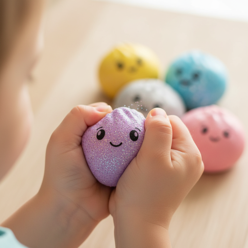 Child's hands squeezing a purple glitter squishy bao bun toy with delight, other coloured bao buns softly blurred in background