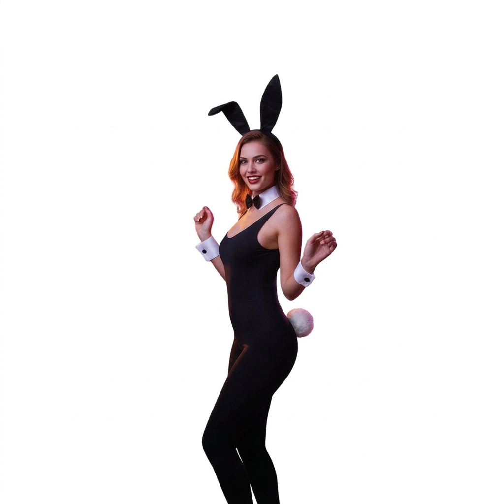 A woman modeling a black bunny costume with black bunny ears, a white collar, white cuffs, and a white fluffy tail, set against a plain white background.