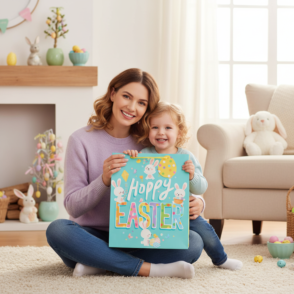 Mother and child sharing a joyful Easter morning with a large multi-coloured Easter Bunny gift bag in a decorated living room