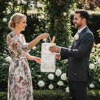 Wedding guest presenting a Wedding Day bottle gift bag to happy newlywed couple in garden setting