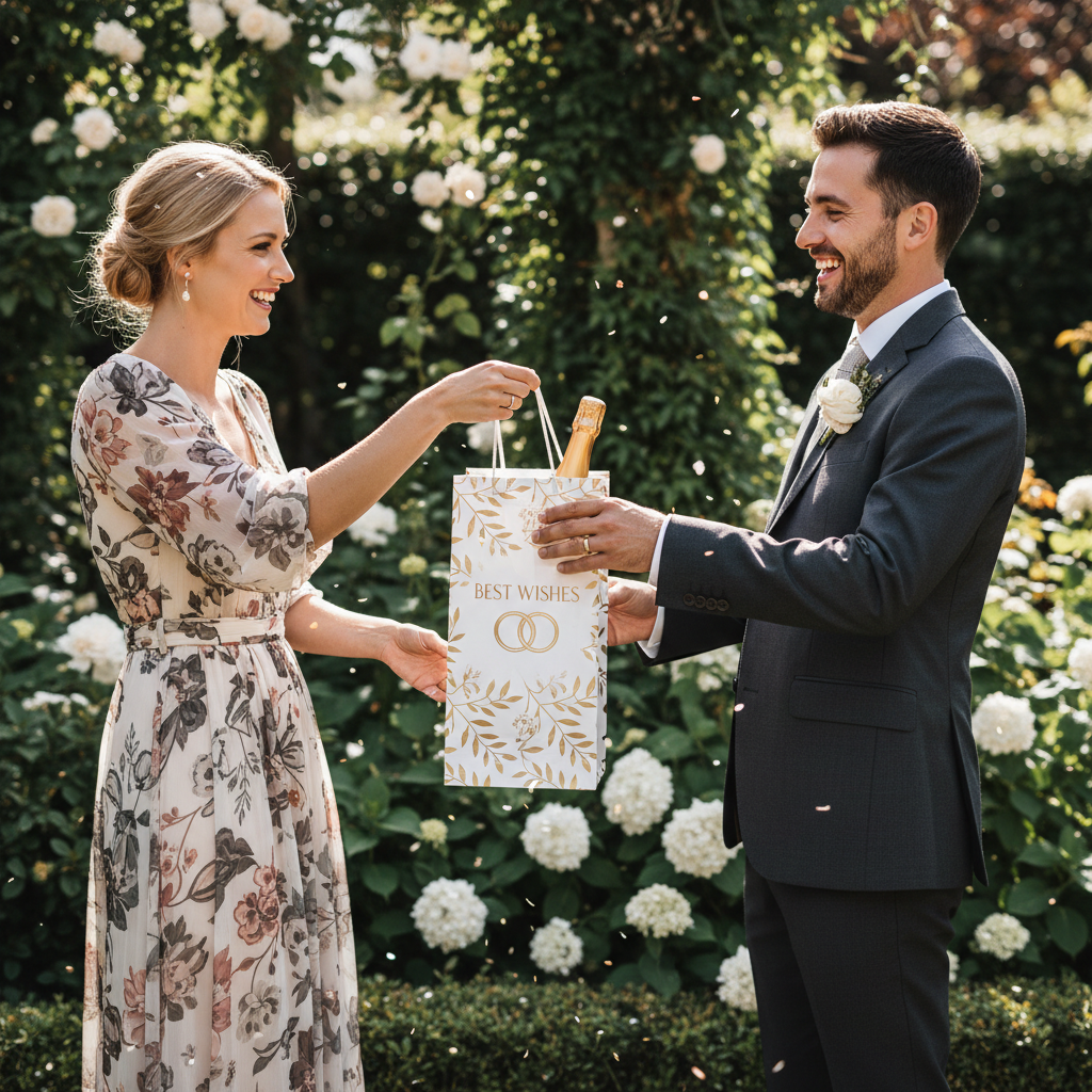 Wedding guest presenting a Wedding Day bottle gift bag to happy newlywed couple in garden setting