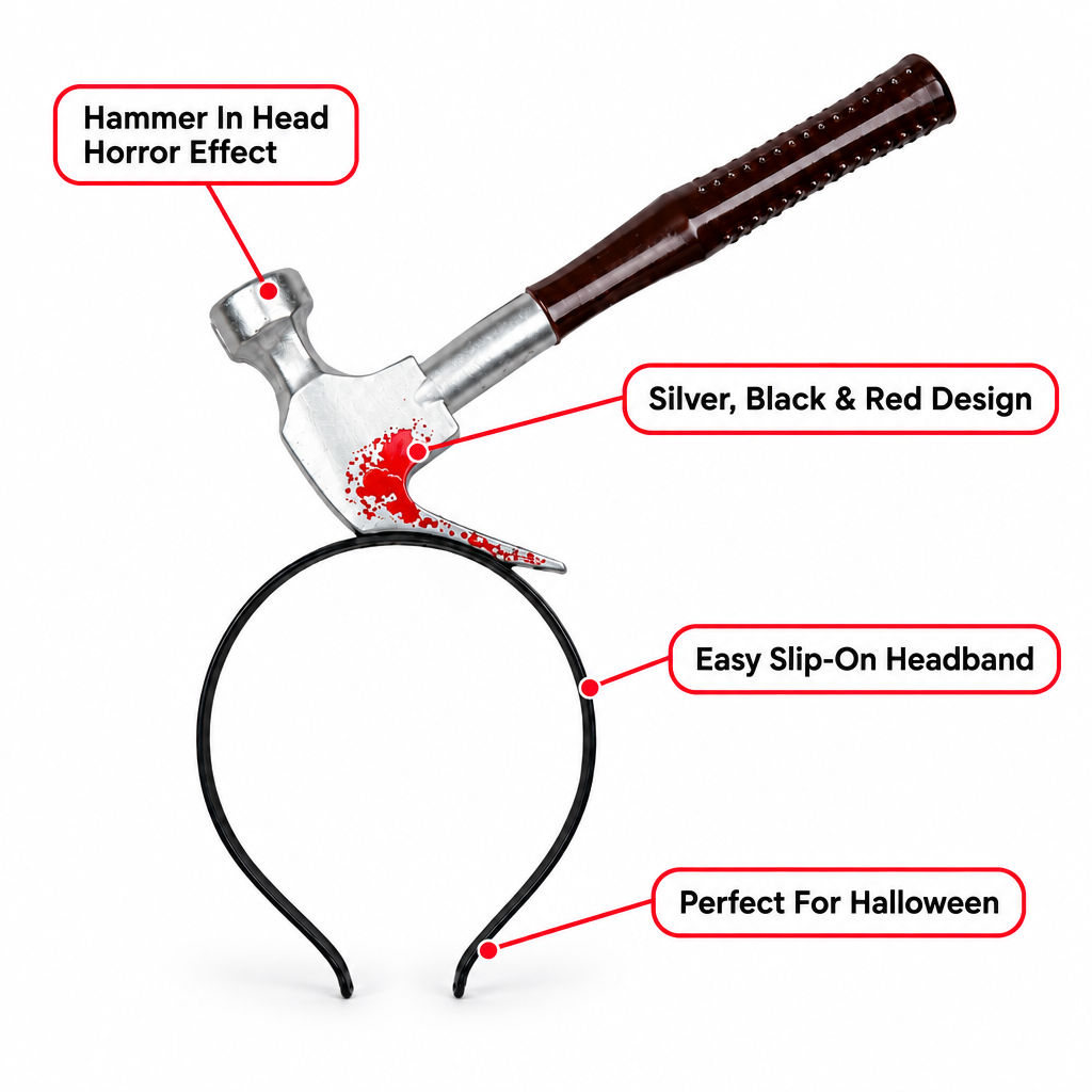 Hammer in head headband infographic showing horror effect, silver black and red design, slip-on headband, perfect for Halloween
