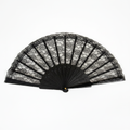 Black lace hand fan fully open, front-facing hero shot on white background