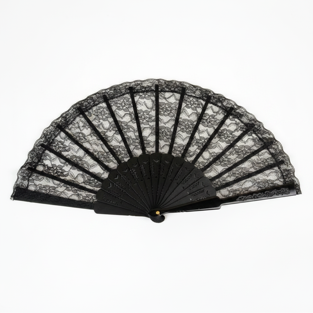 Black lace hand fan fully open, front-facing hero shot on white background