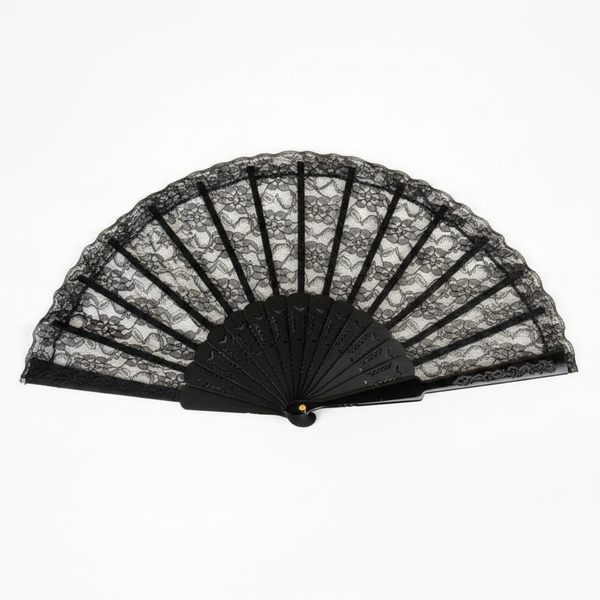 Black lace hand fan fully open, front-facing hero shot on white background