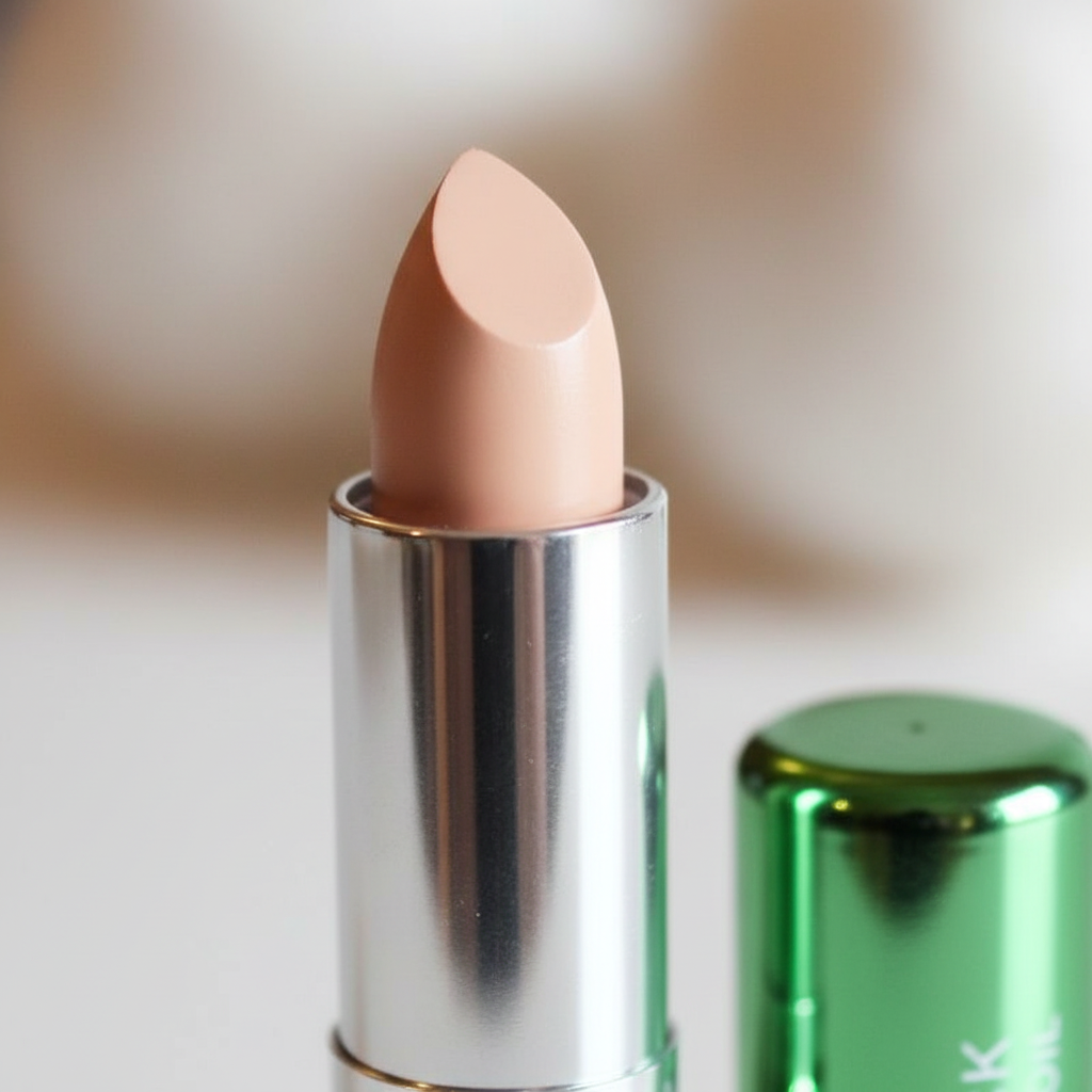 Extreme macro close-up of W7 Tea Tree Concealer Stick Light/Medium showing light peachy-beige creamy bullet texture and metallic green casing with W7 logo engraving