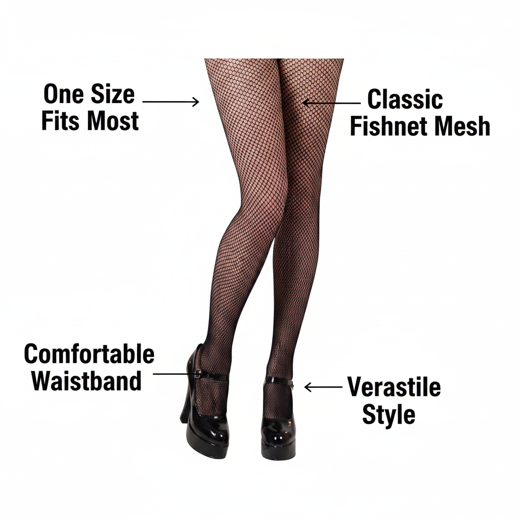 Black fishnet tights feature infographic showing key benefits and specifications