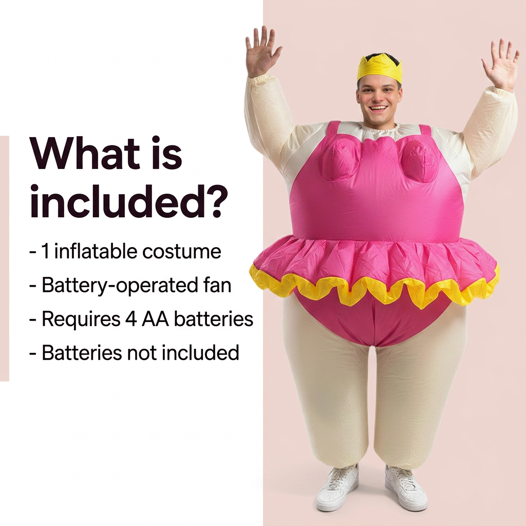 Ballerina costume information graphic listing costume, fan and four AA batteries required but not included.