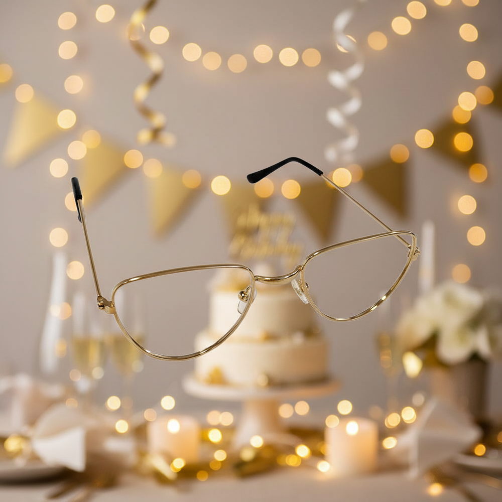 Gold half moon fancy dress glasses product shot with elegant senior party background