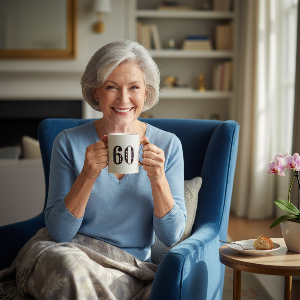 Happy woman in her 60s enjoying coffee from Art Deco Age 60 birthday gift mug in cozy home setting