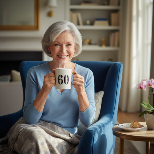 Happy woman in her 60s enjoying coffee from Art Deco Age 60 birthday gift mug in cozy home setting