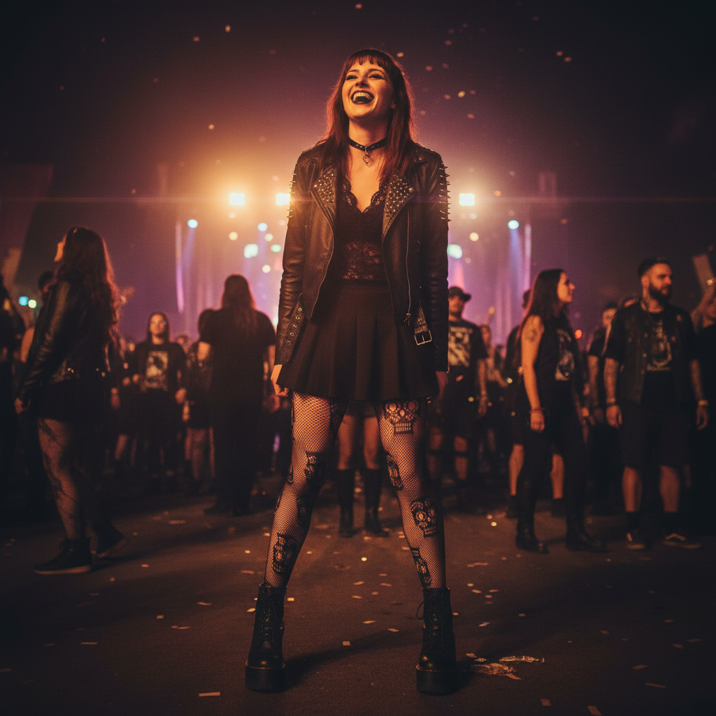 Woman wearing black fishnet skull tights at festival, gothic lifestyle shot