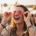 Young woman laughing while putting on round pink hippy glasses at a summer festival – candid moment with creamy bokeh background