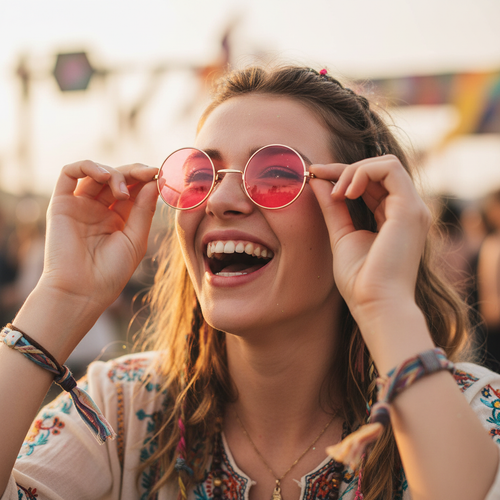 Young woman laughing while putting on round pink hippy glasses at a summer festival – candid moment with creamy bokeh background