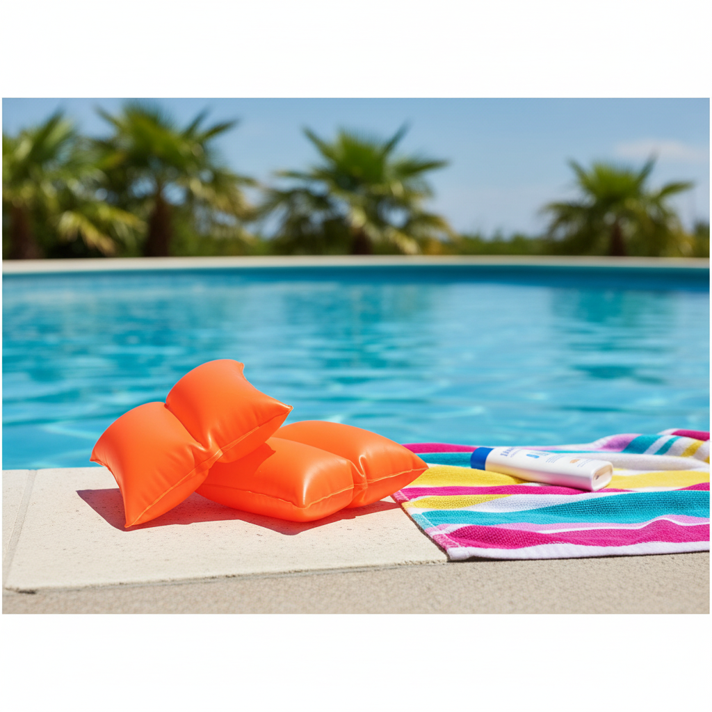 Orange Intex inflatable arm bands resting on pool edge with towel and sunscreen in summer