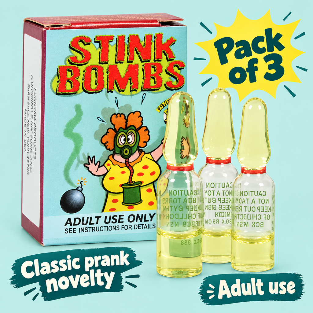 Stink Bombs box and three ampoules with pack of three, classic prank novelty and adult-use captions