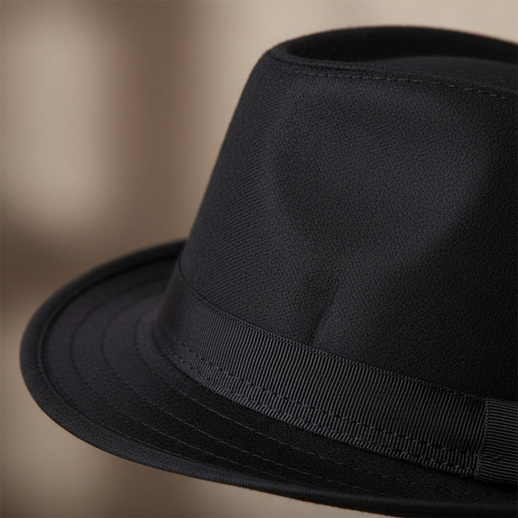 Extreme macro close-up of black trilby hat felt fabric and grosgrain ribbon band showing material quality