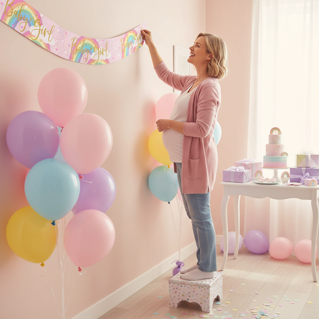 Mother hanging pastel rainbow baby girl banner at beautiful baby shower celebration