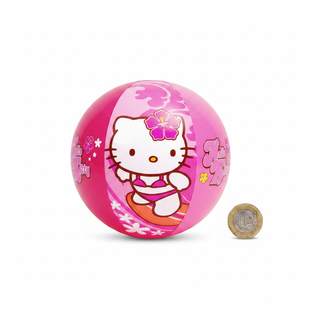 Hello Kitty pink inflatable beach ball flat lay with pound coin for scale reference