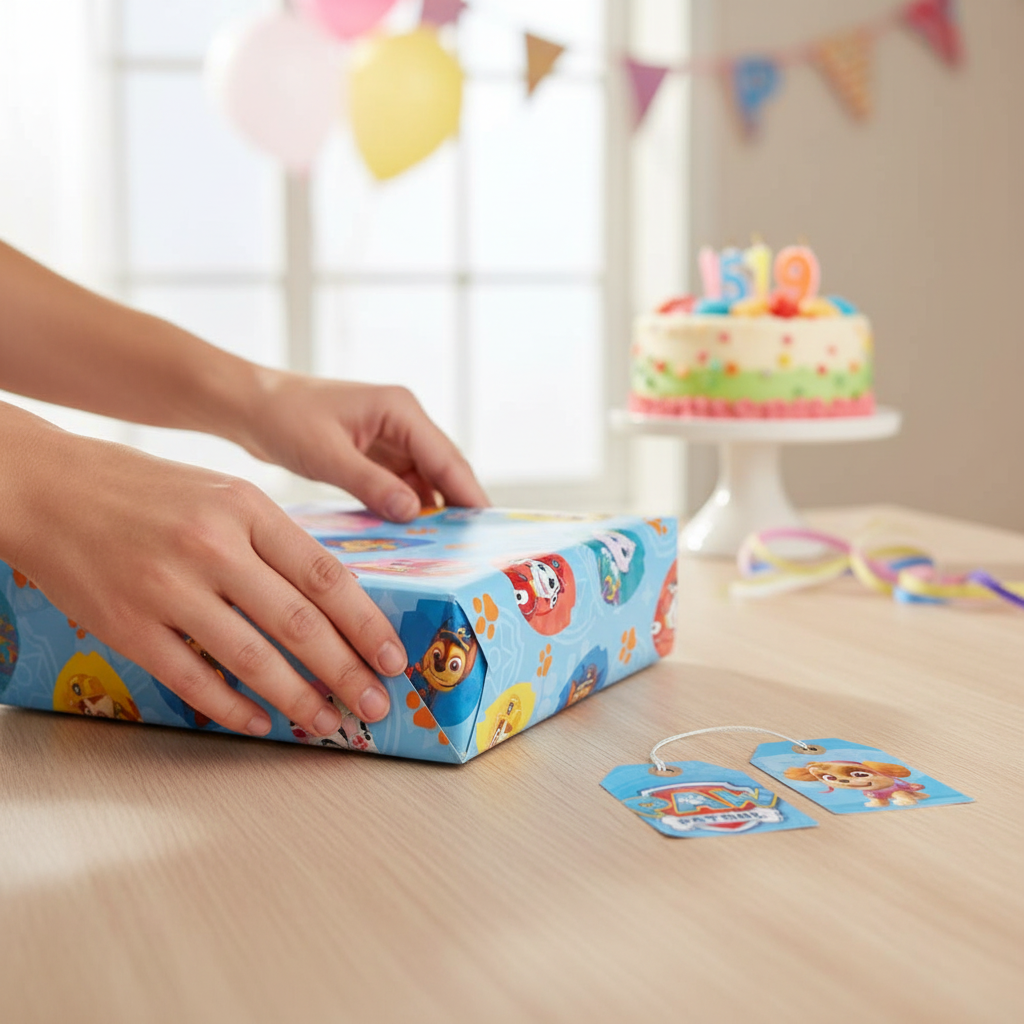 Parent wrapping birthday present with Paw Patrol wrapping paper and gift tags