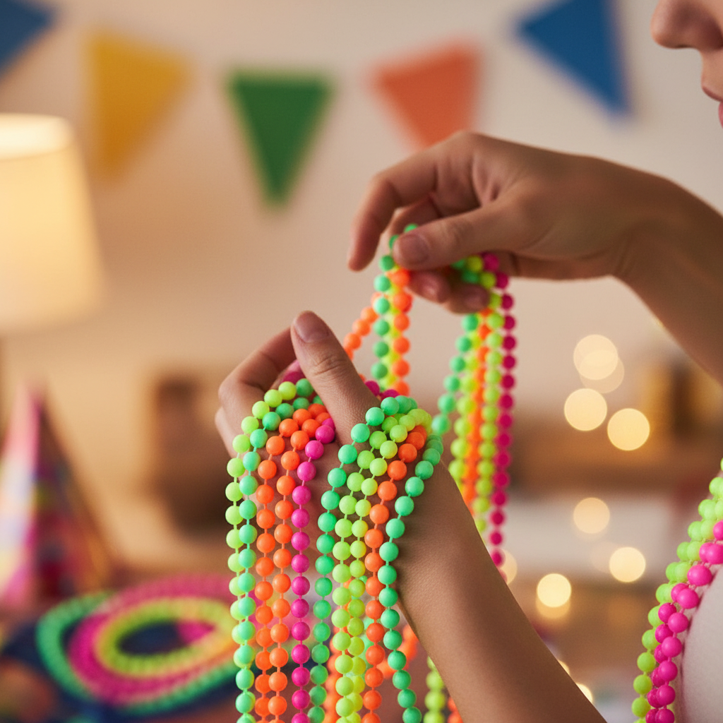 Hands layering neon bead necklaces in pink, orange, green and yellow while getting ready for a party