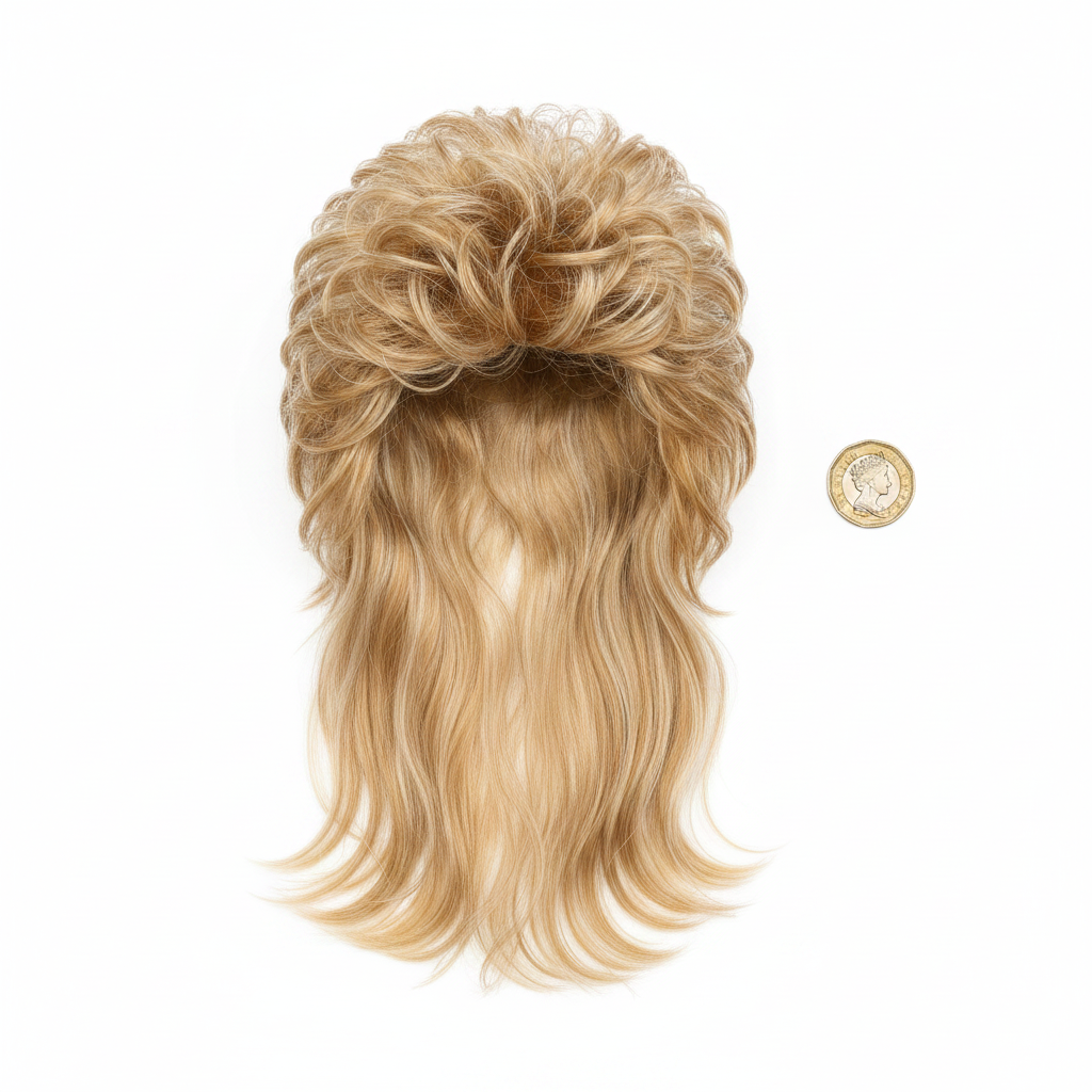 Men's 1980s blonde mullet wig flat lay on white background beside a British pound coin to show scale