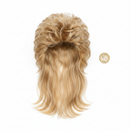 Men's 1980s blonde mullet wig flat lay on white background beside a British pound coin to show scale