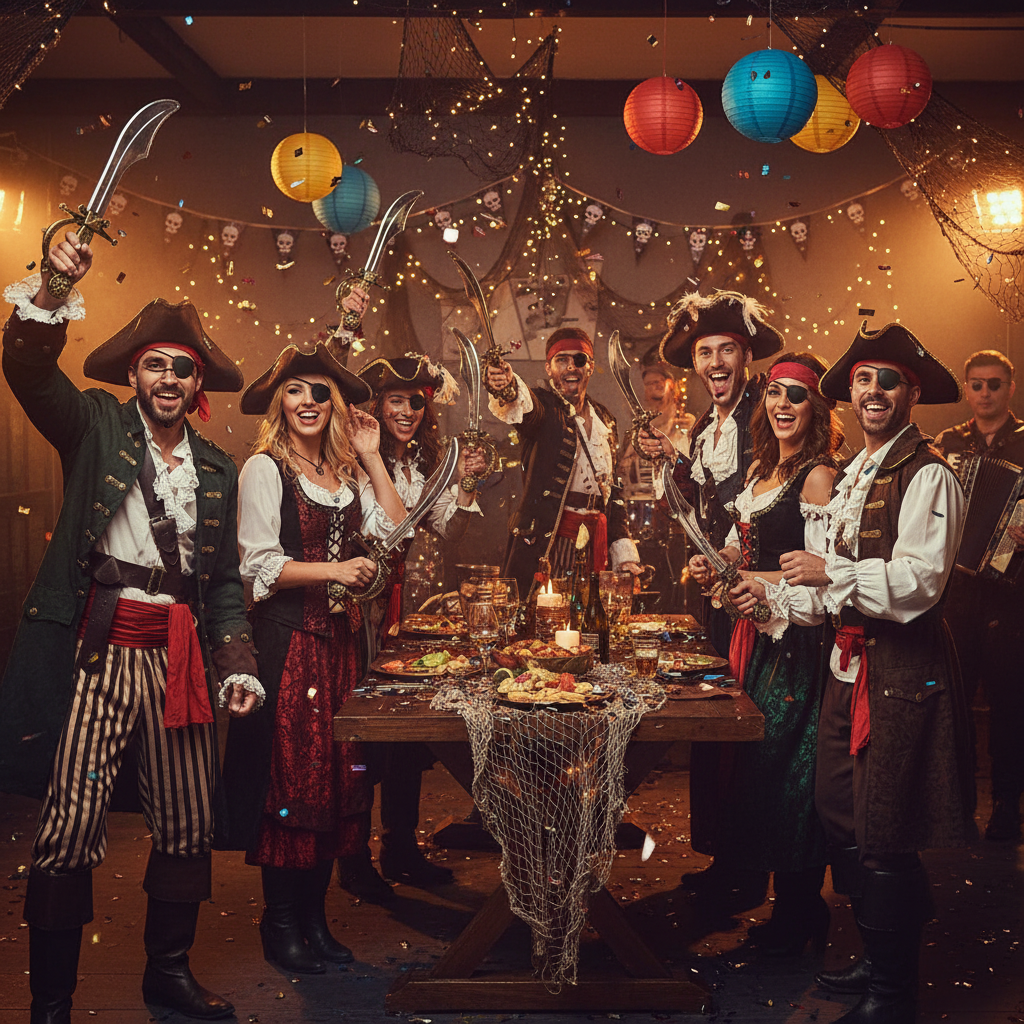 Group of people in pirate fancy dress costumes at a party