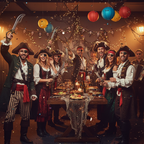 Group of people in pirate fancy dress costumes at a party