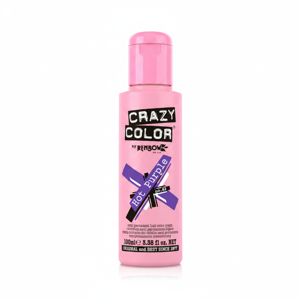 Crazy Color Hot Purple 100ml semi-permanent hair dye bottle on white studio background