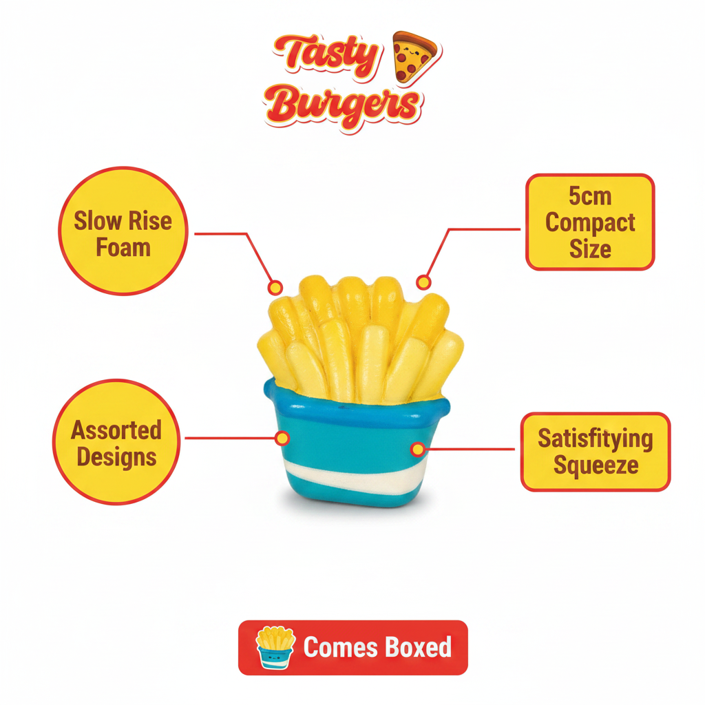Squishy fast food toy infographic showing slow rise foam, 5cm size, assorted designs, satisfying squeeze and boxed features